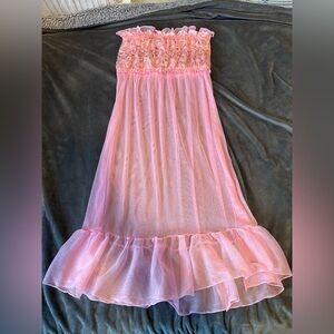 Sheer Pink Ruffled Strapless Nightgown